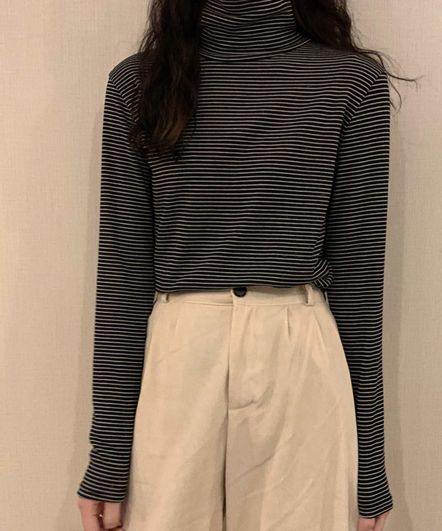 ヴィータフェリーチェ VitaFelice 裏起毛ハイネックボーダーカットソー (BROWN) BROWN