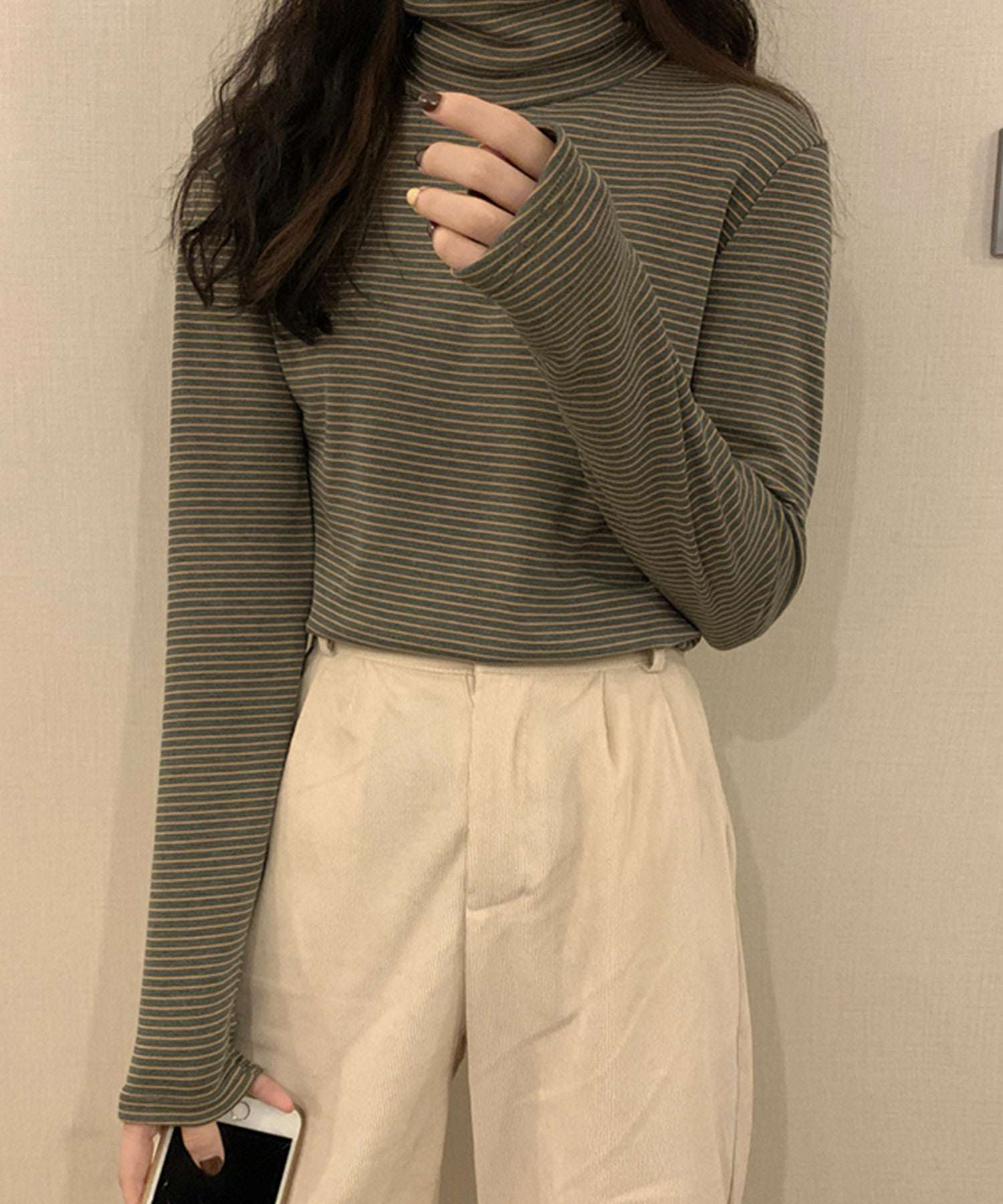 ヴィータフェリーチェ VitaFelice 裏起毛ハイネックボーダーカットソー (BROWN) BROWN