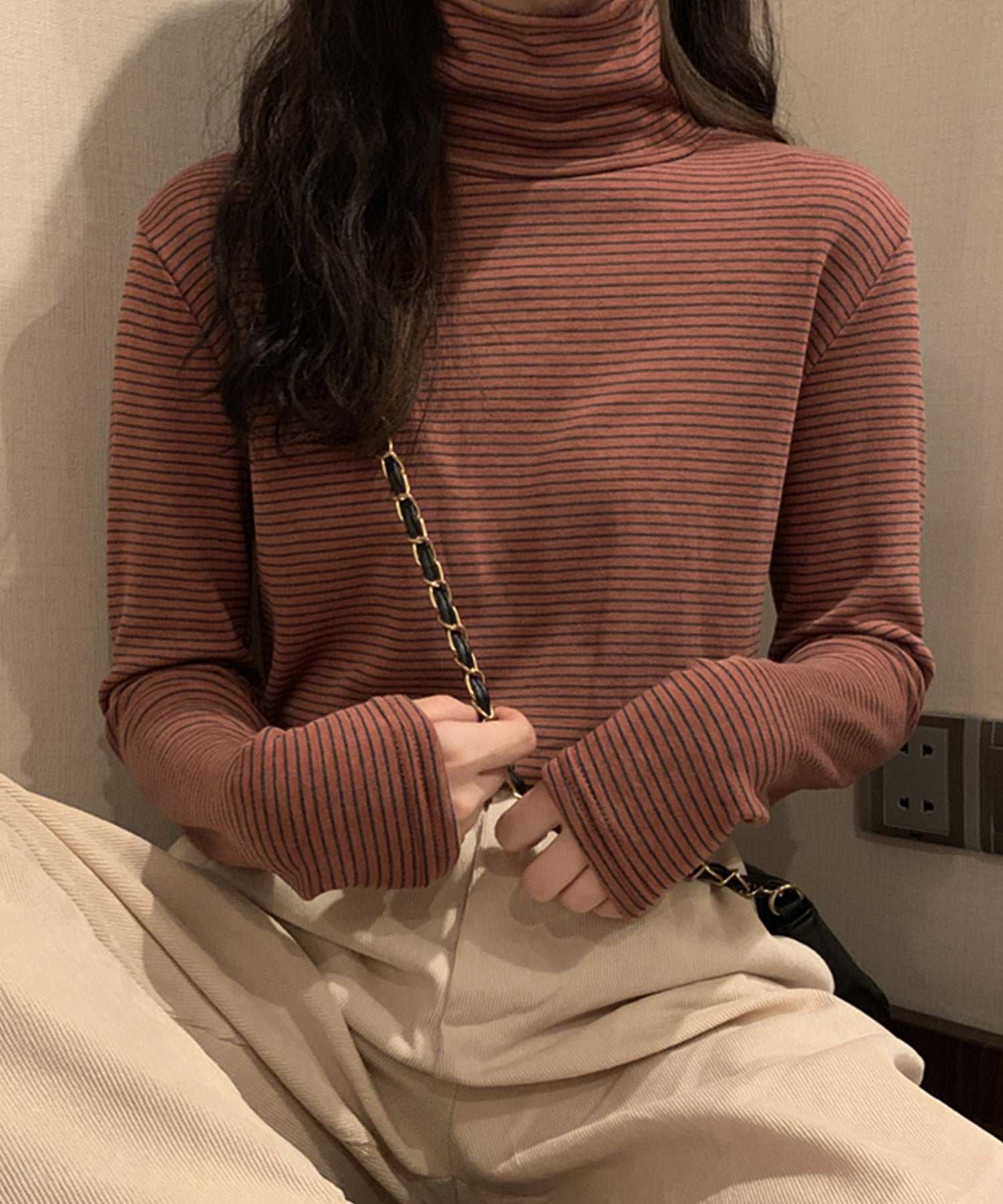 ヴィータフェリーチェ VitaFelice 裏起毛ハイネックボーダーカットソー (BROWN) BROWN