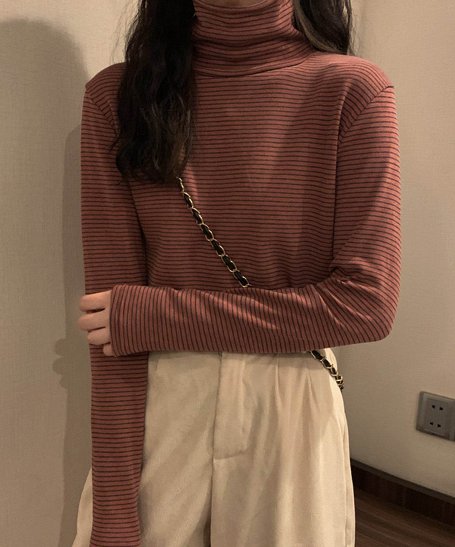 ヴィータフェリーチェ VitaFelice 裏起毛ハイネックボーダーカットソー (BROWN) BROWN