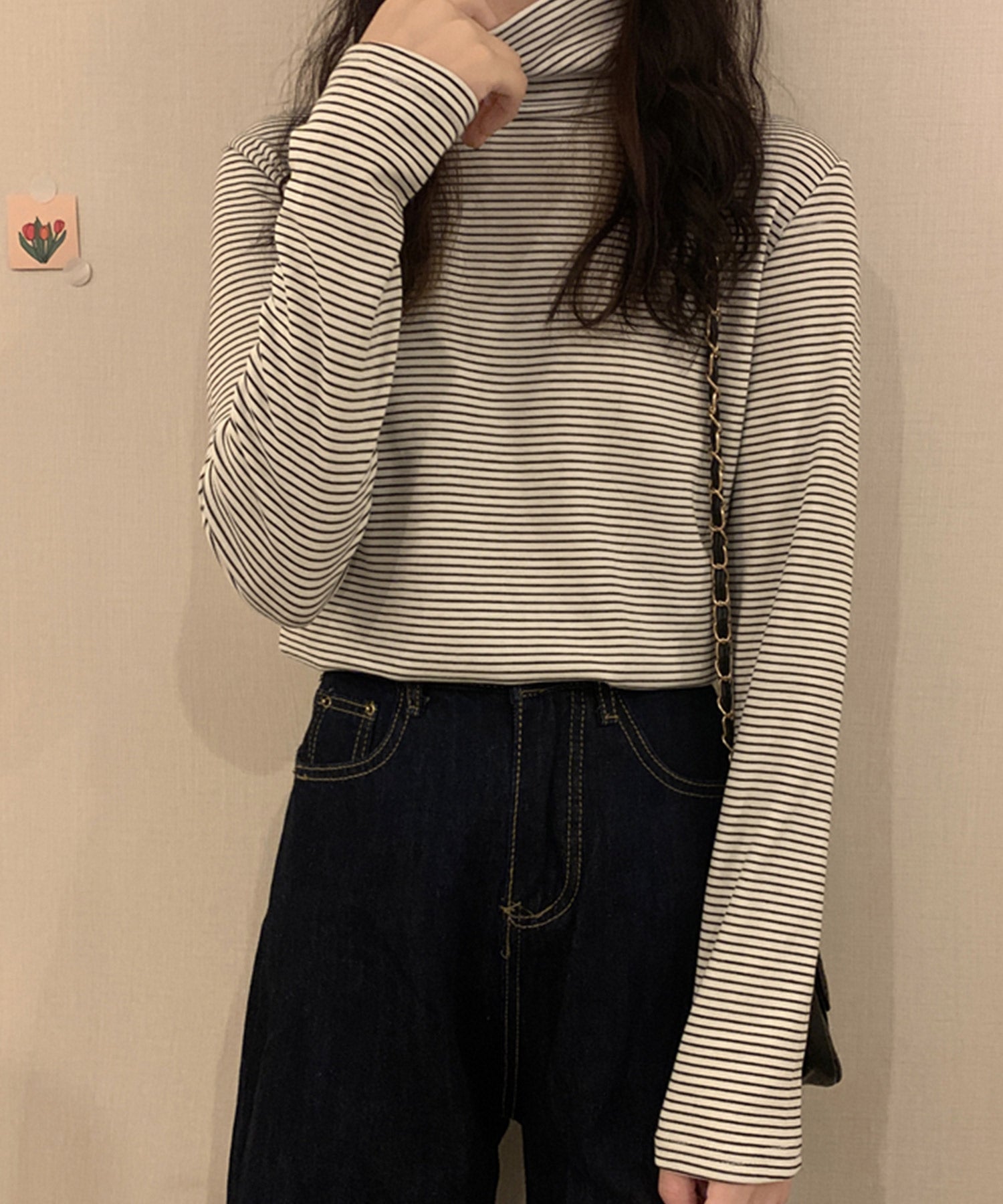 ヴィータフェリーチェ VitaFelice 裏起毛ハイネックボーダーカットソー (BROWN) BROWN