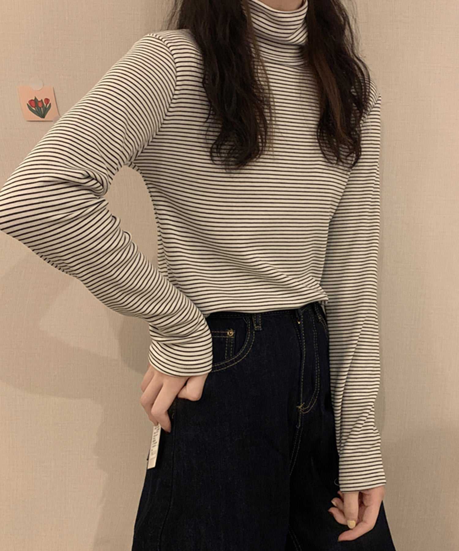 ヴィータフェリーチェ VitaFelice 裏起毛ハイネックボーダーカットソー (BROWN) BROWN