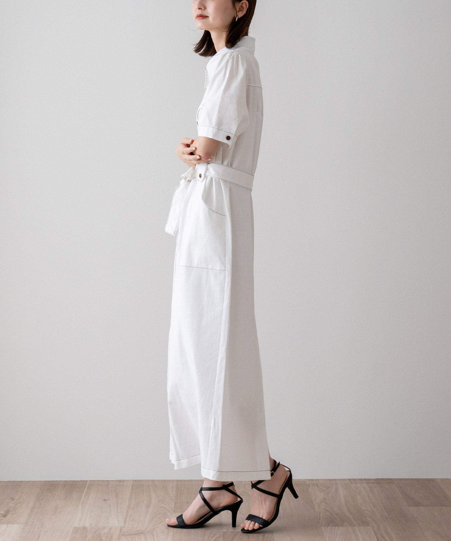 ヴィータフェリーチェ VitaFelice 配色ステッチシャツワンピース (WHITE) WHITE