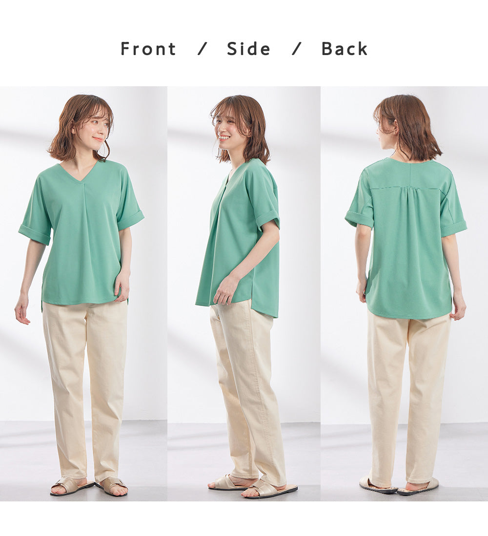 【4つの機能付】すっきりVネックTシャツブラウス