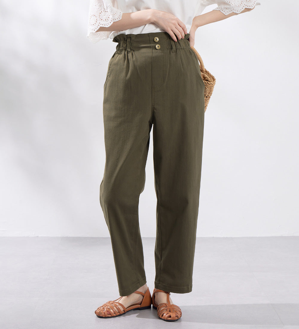 綿混ストレッチウエストデザインシェフパンツ カーキ