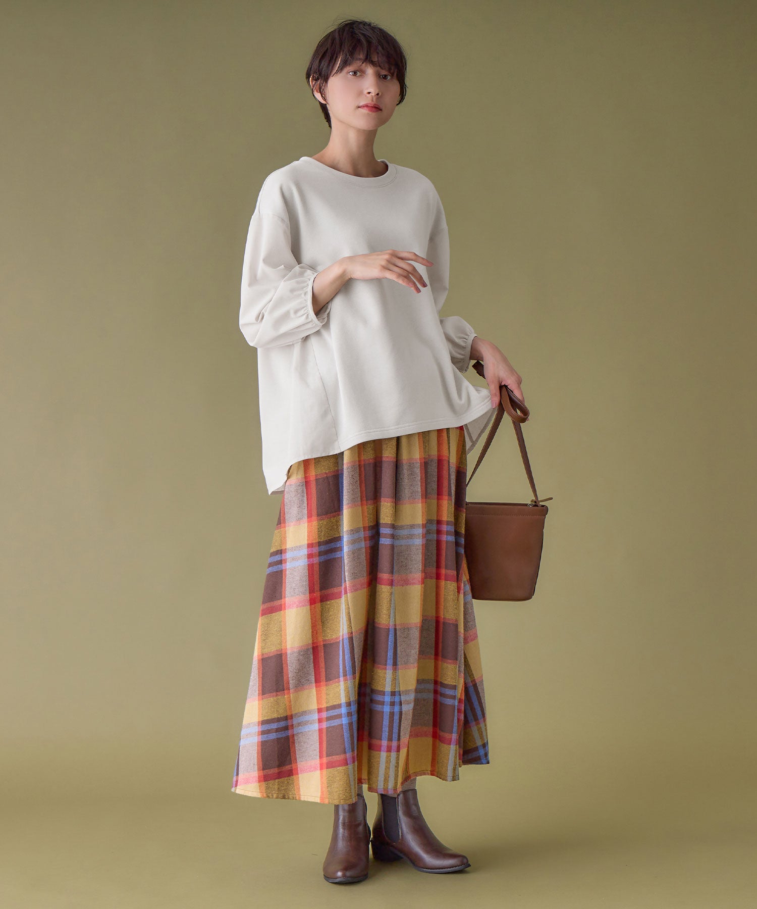 綿混ミニ裏毛異素材切替フレアートップス ライトグレー