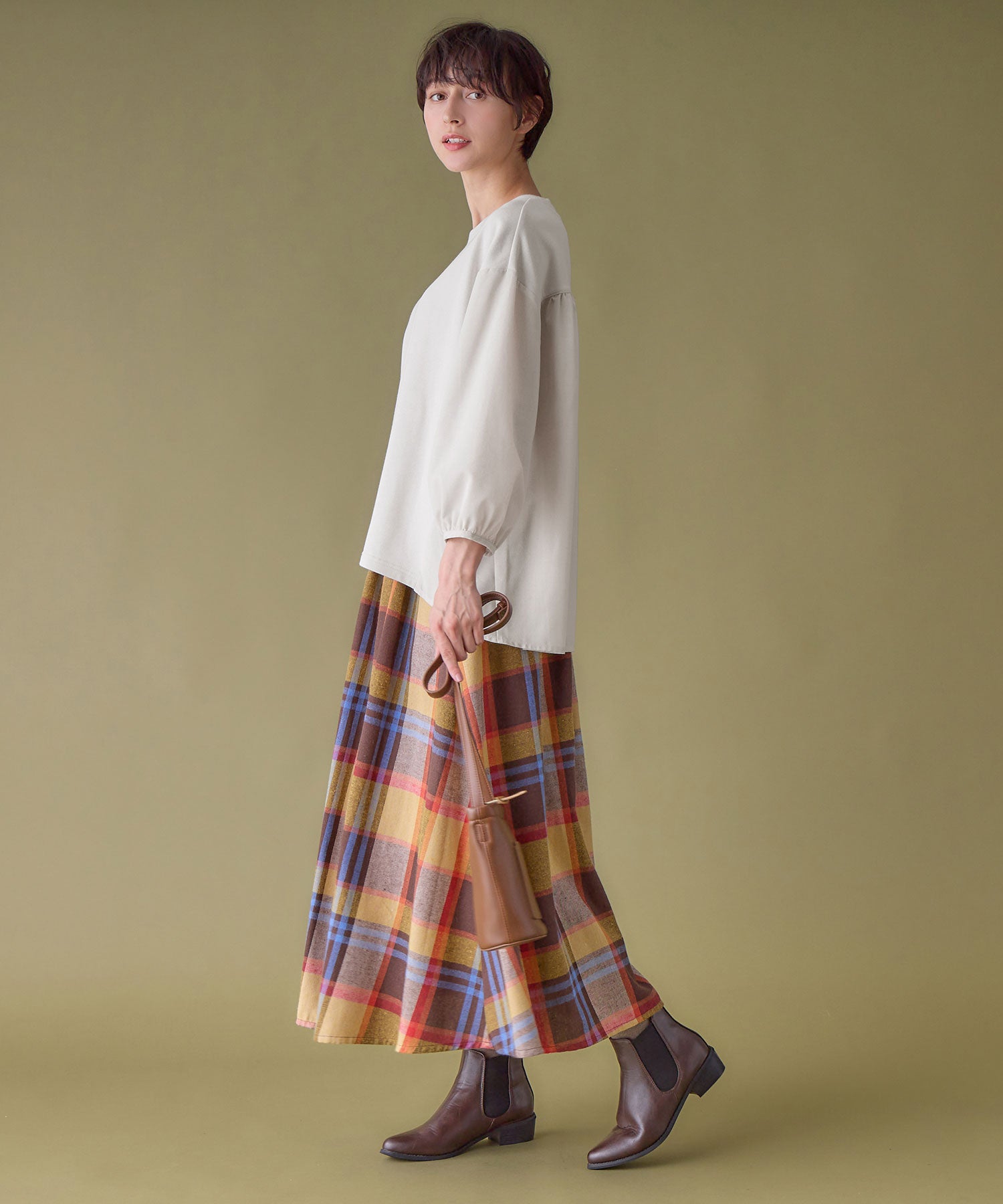 綿混ミニ裏毛異素材切替フレアートップス ライトグレー