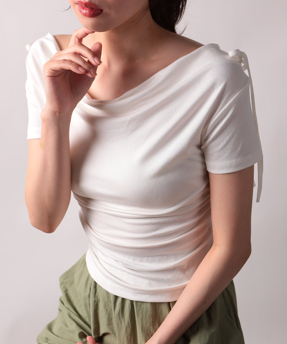 ビビッドレディ VIVIDLADY 肩リボンドレープ半袖Tシャツ (ホワイト) ホワイト