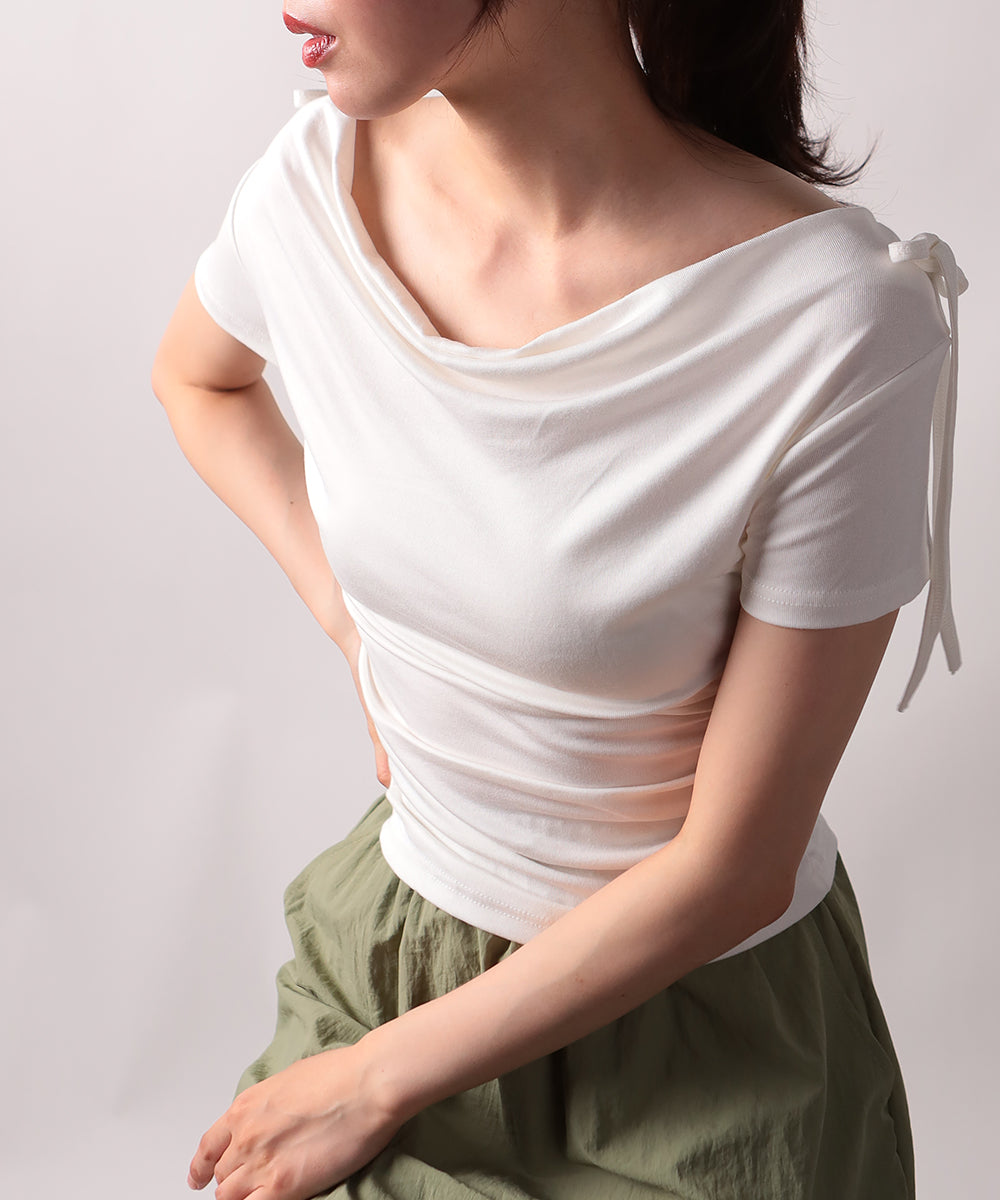 ビビッドレディ VIVIDLADY 肩リボンドレープ半袖Tシャツ (ホワイト) ホワイト
