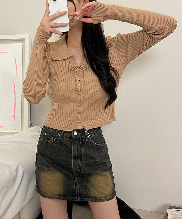 ビビッドレディ VIVIDLADY ニット ポロニット セーター 襟付き ニット リブニット カットソー トップス レディース リボン 襟付きニット (ベージュ) ベージュ