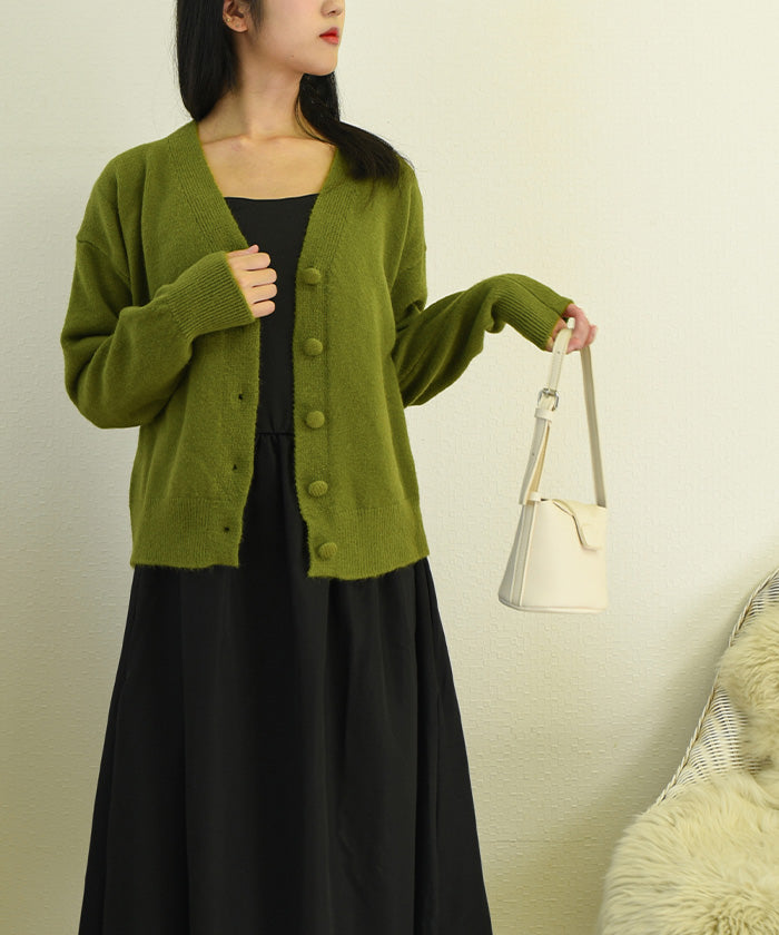 ビビッドレディ VIVIDLADY 軽くて柔らかい肌触り!もちもちVネックカーデ (グリーン) グリーン