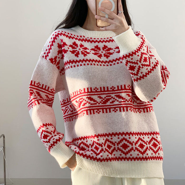 ビビッドレディ VIVIDLADY クリスマス ニット セーター 柄ニット 韓国ファッション クリスマスニット (アイボリー) アイボリー