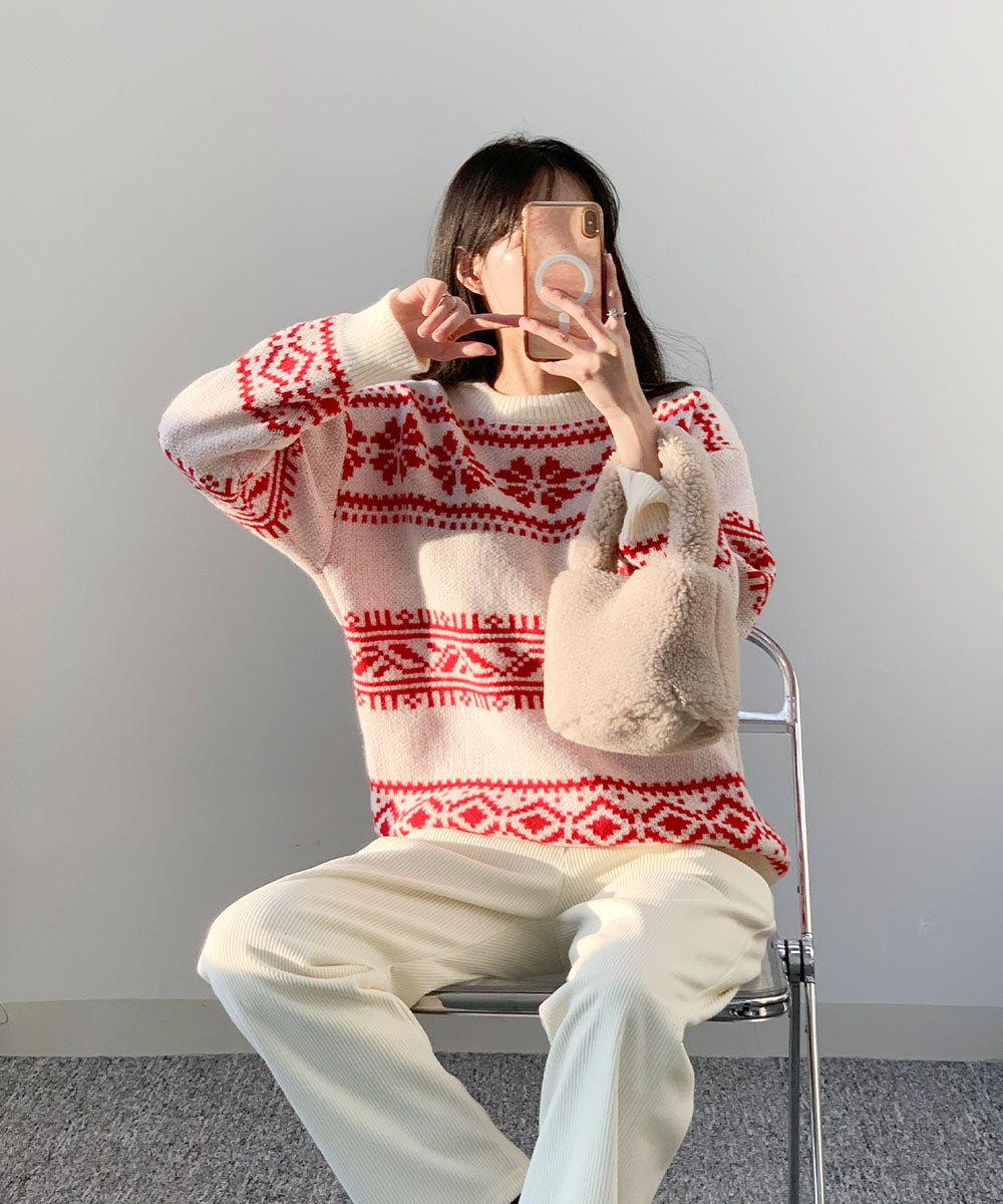 ビビッドレディ VIVIDLADY クリスマス ニット セーター 柄ニット 韓国ファッション クリスマスニット (アイボリー) アイボリー