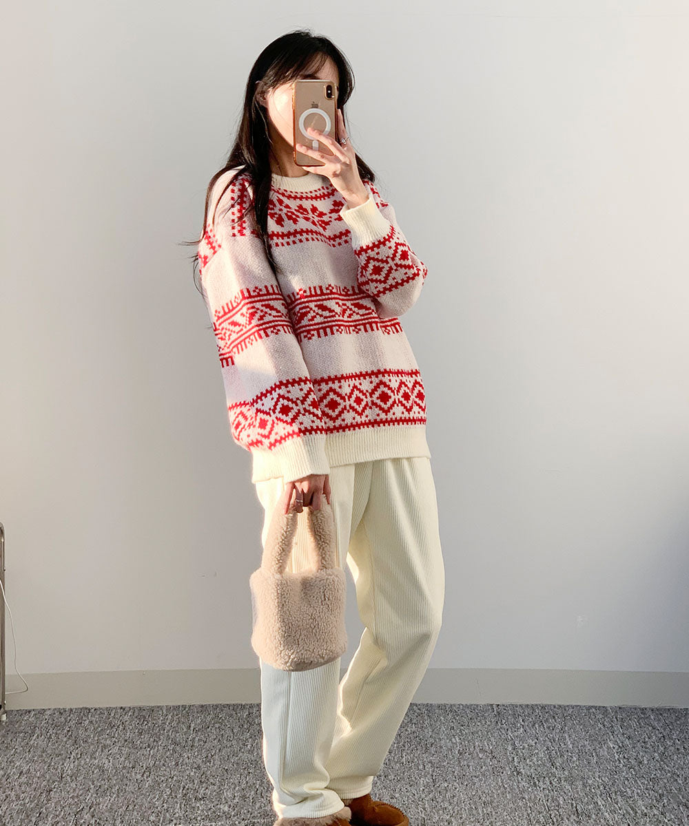 ビビッドレディ VIVIDLADY クリスマス ニット セーター 柄ニット 韓国ファッション クリスマスニット (アイボリー) アイボリー