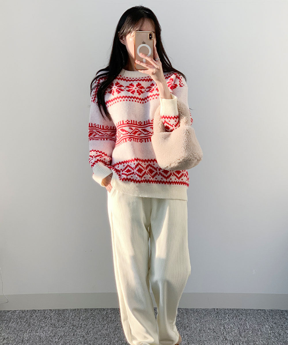 ビビッドレディ VIVIDLADY クリスマス ニット セーター 柄ニット 韓国ファッション クリスマスニット (アイボリー) アイボリー