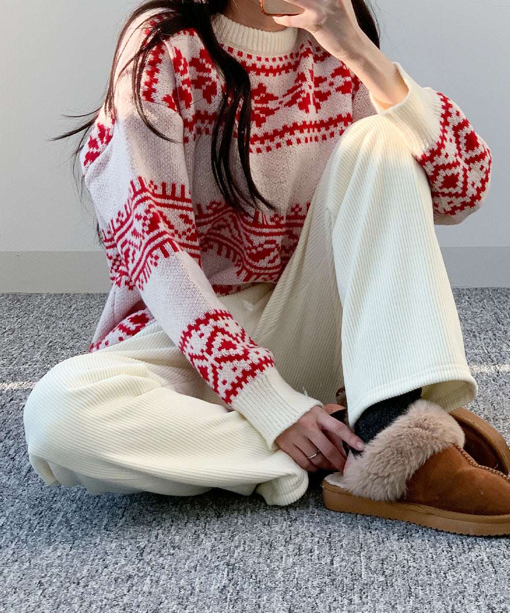 ビビッドレディ VIVIDLADY クリスマス ニット セーター 柄ニット 韓国ファッション クリスマスニット (アイボリー) アイボリー