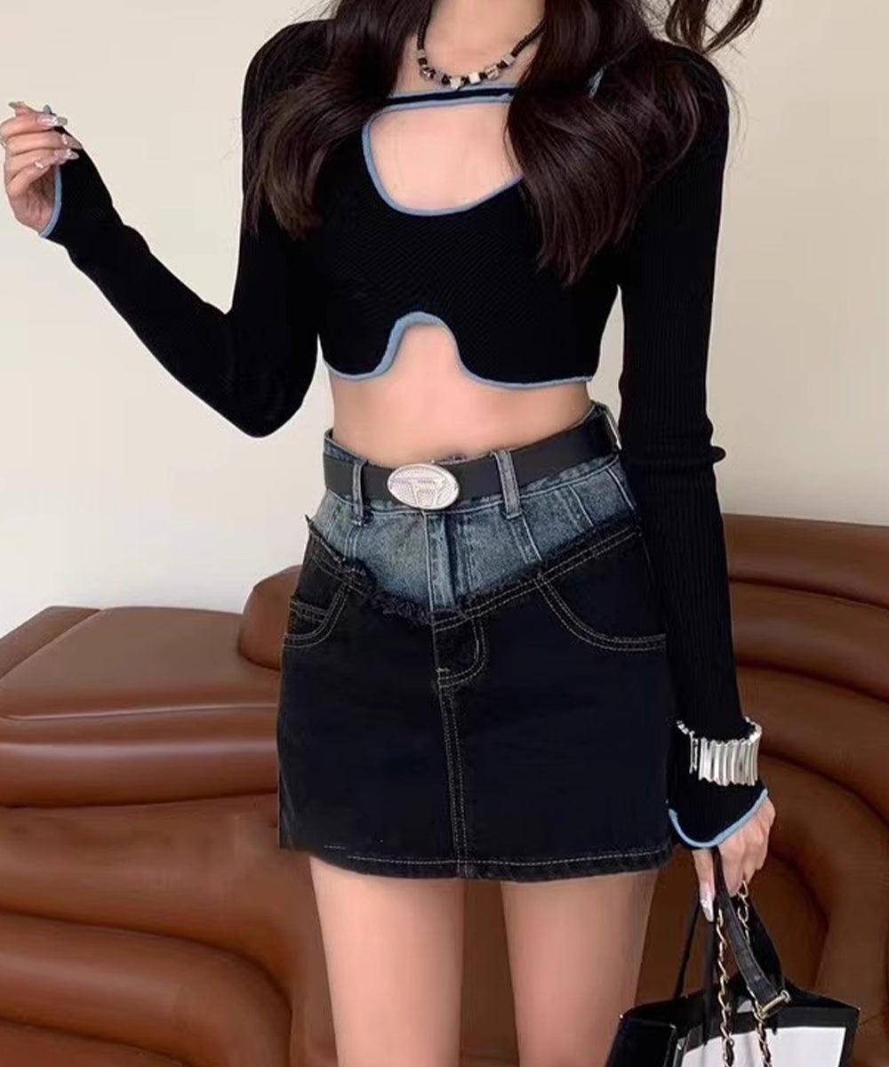 ビビッドレディ VIVIDLADY 色切替 デニムミニスカパン (ブラック) ブラック