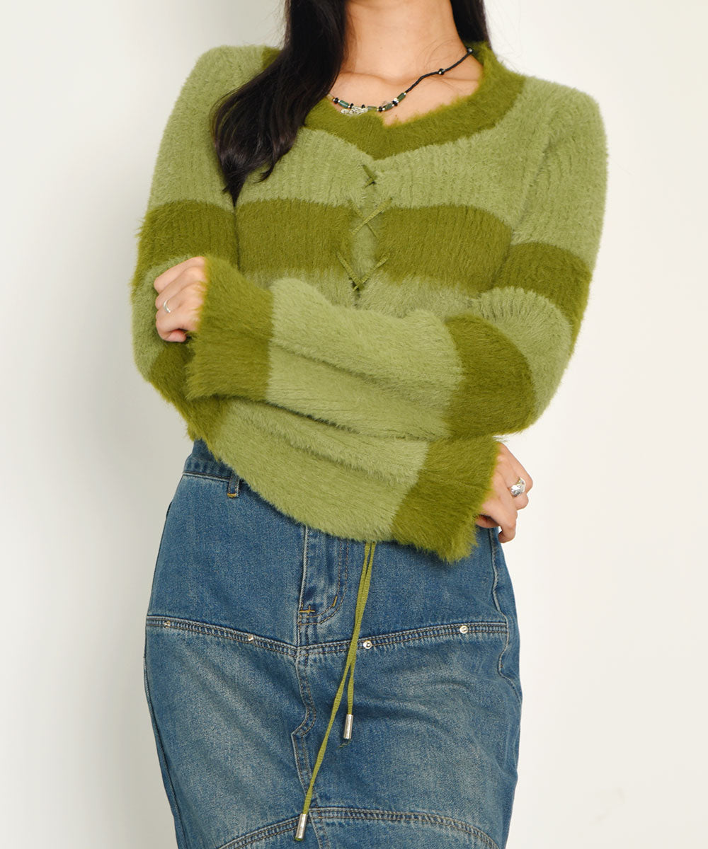 ビビッドレディ VIVIDLADY レース編みクロップド丈ボーダーニット (グリーン) グリーン