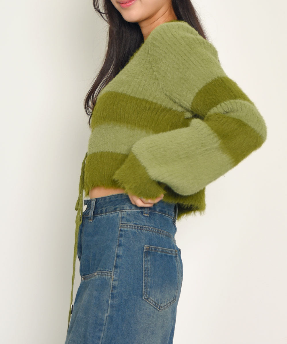 ビビッドレディ VIVIDLADY レース編みクロップド丈ボーダーニット (グリーン) グリーン