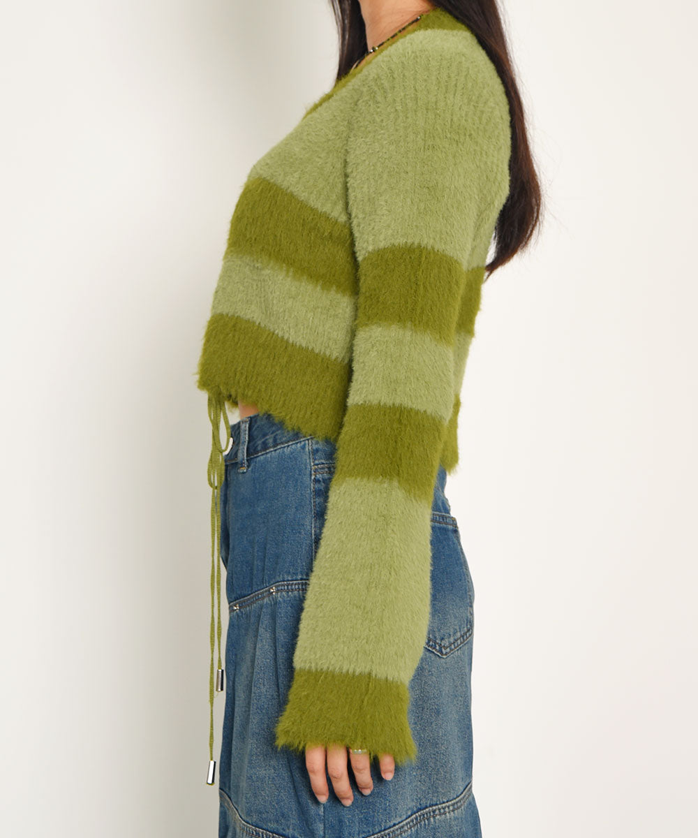 ビビッドレディ VIVIDLADY レース編みクロップド丈ボーダーニット (グリーン) グリーン