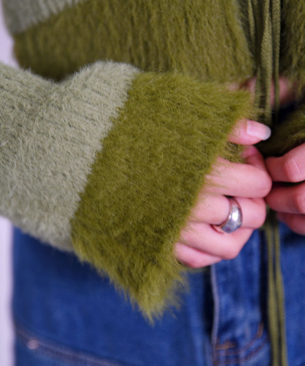 ビビッドレディ VIVIDLADY レース編みクロップド丈ボーダーニット (グリーン) グリーン