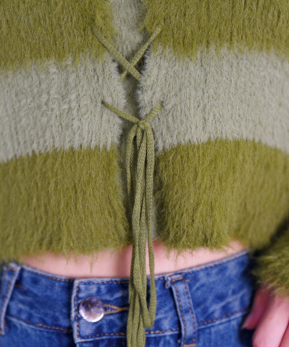 ビビッドレディ VIVIDLADY レース編みクロップド丈ボーダーニット (グリーン) グリーン