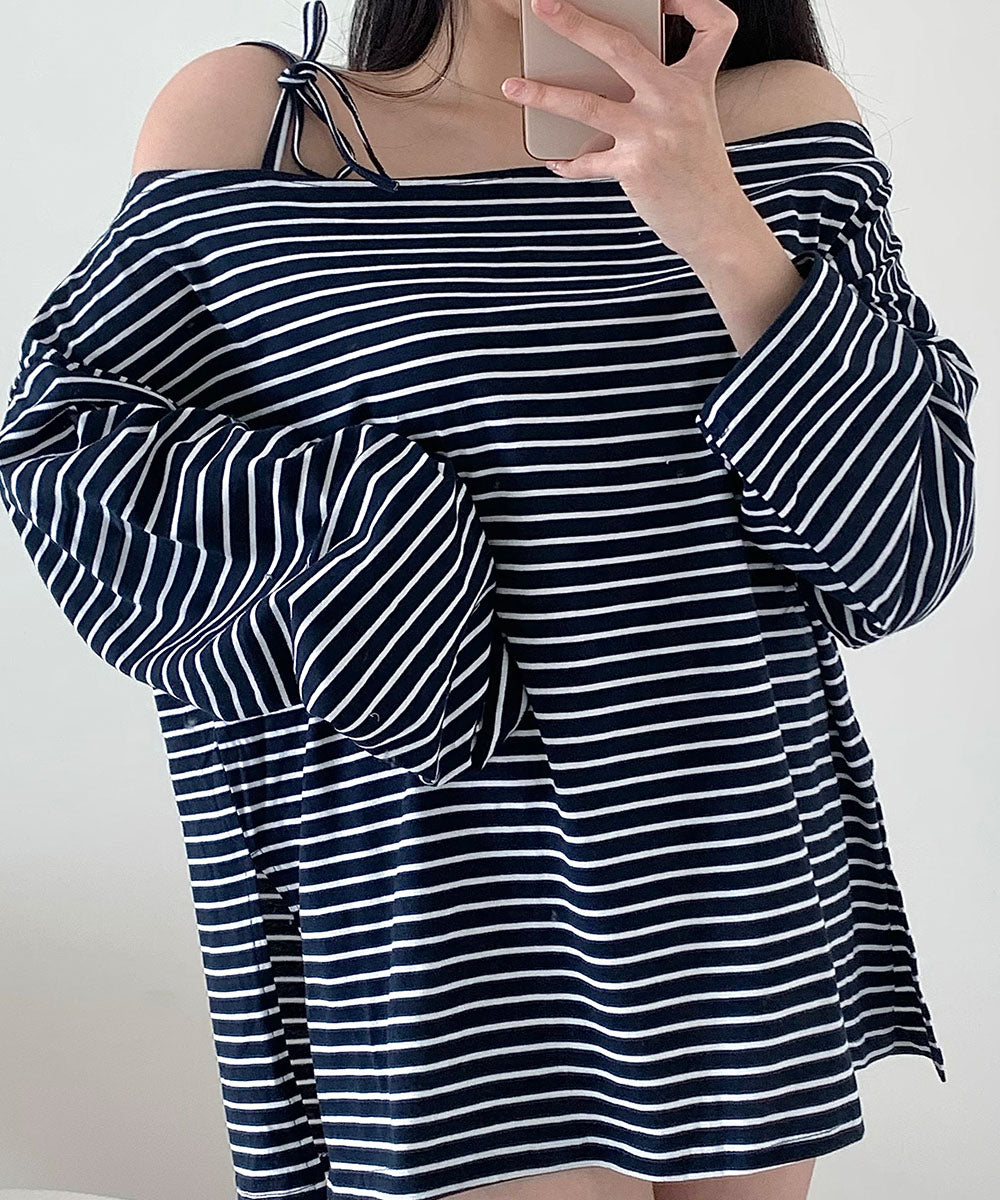 ビビッドレディ VIVIDLADY オフショルダー カットソー Tシャツ ボートネック 横ボーダー (ネイビー) ネイビー