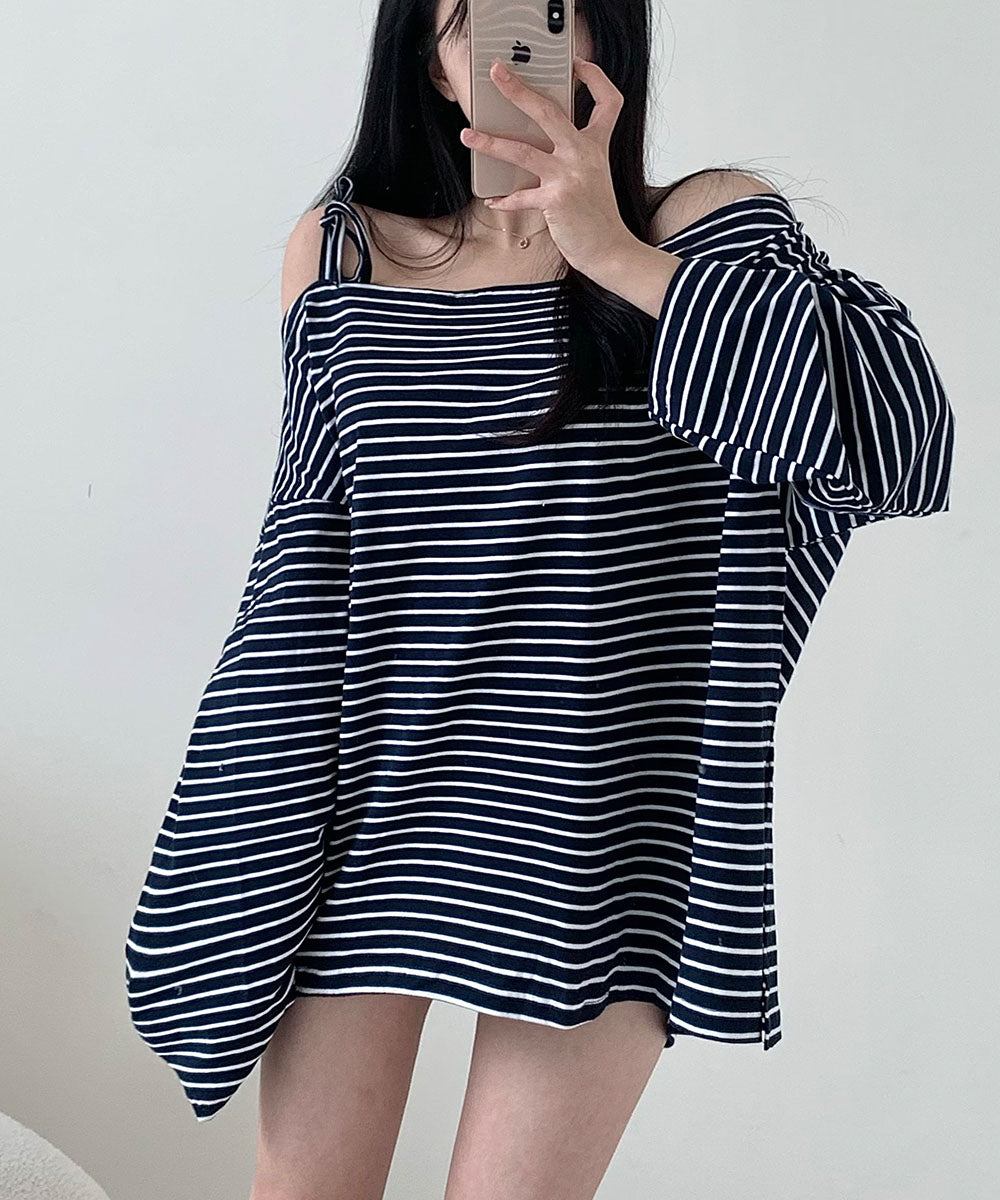 ビビッドレディ VIVIDLADY オフショルダー カットソー Tシャツ ボートネック 横ボーダー (ネイビー) ネイビー