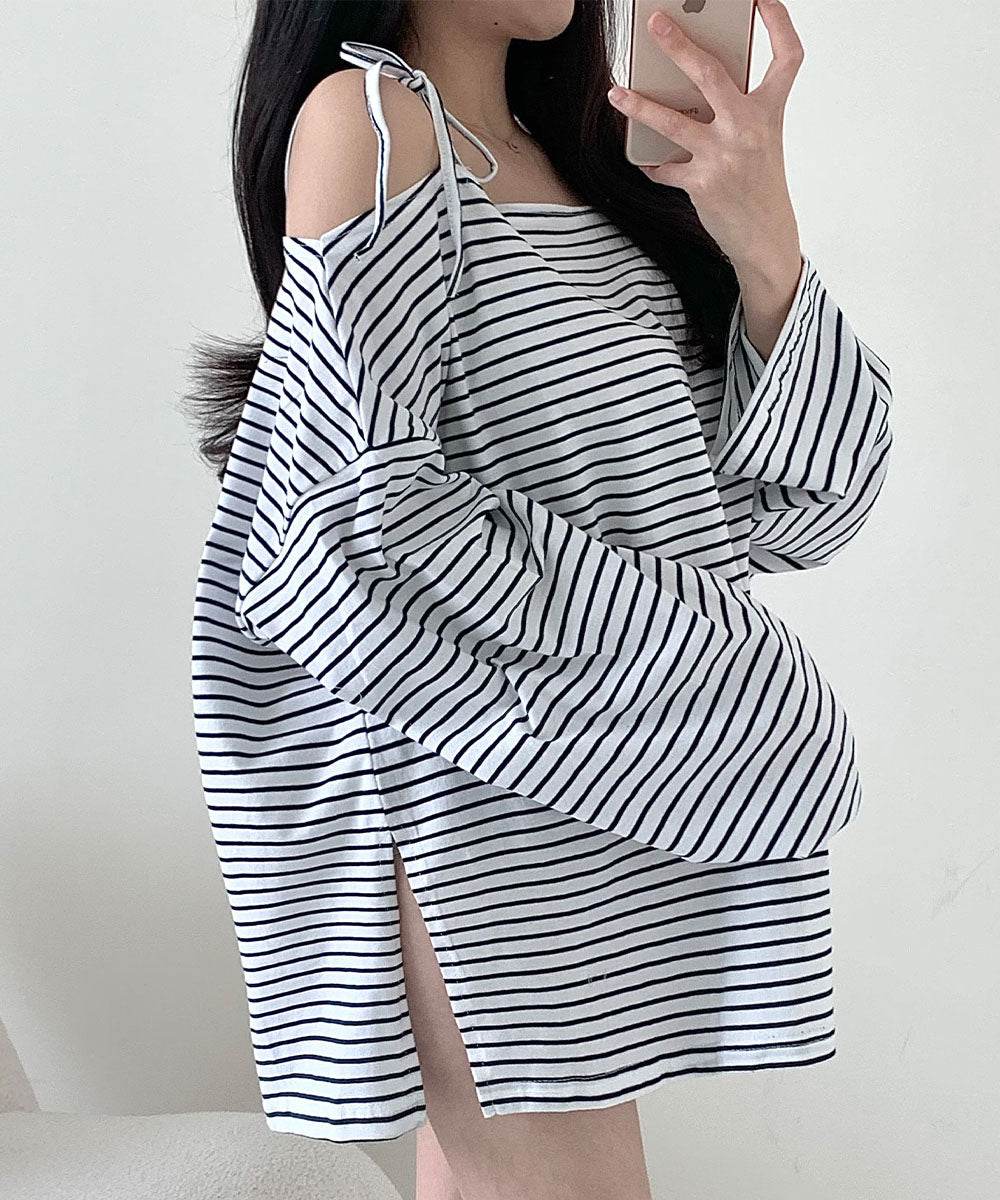 VIVIDLADY Off-Shoulder Cut and Sew T-Shirt Boat Neck Horizontal Stripe