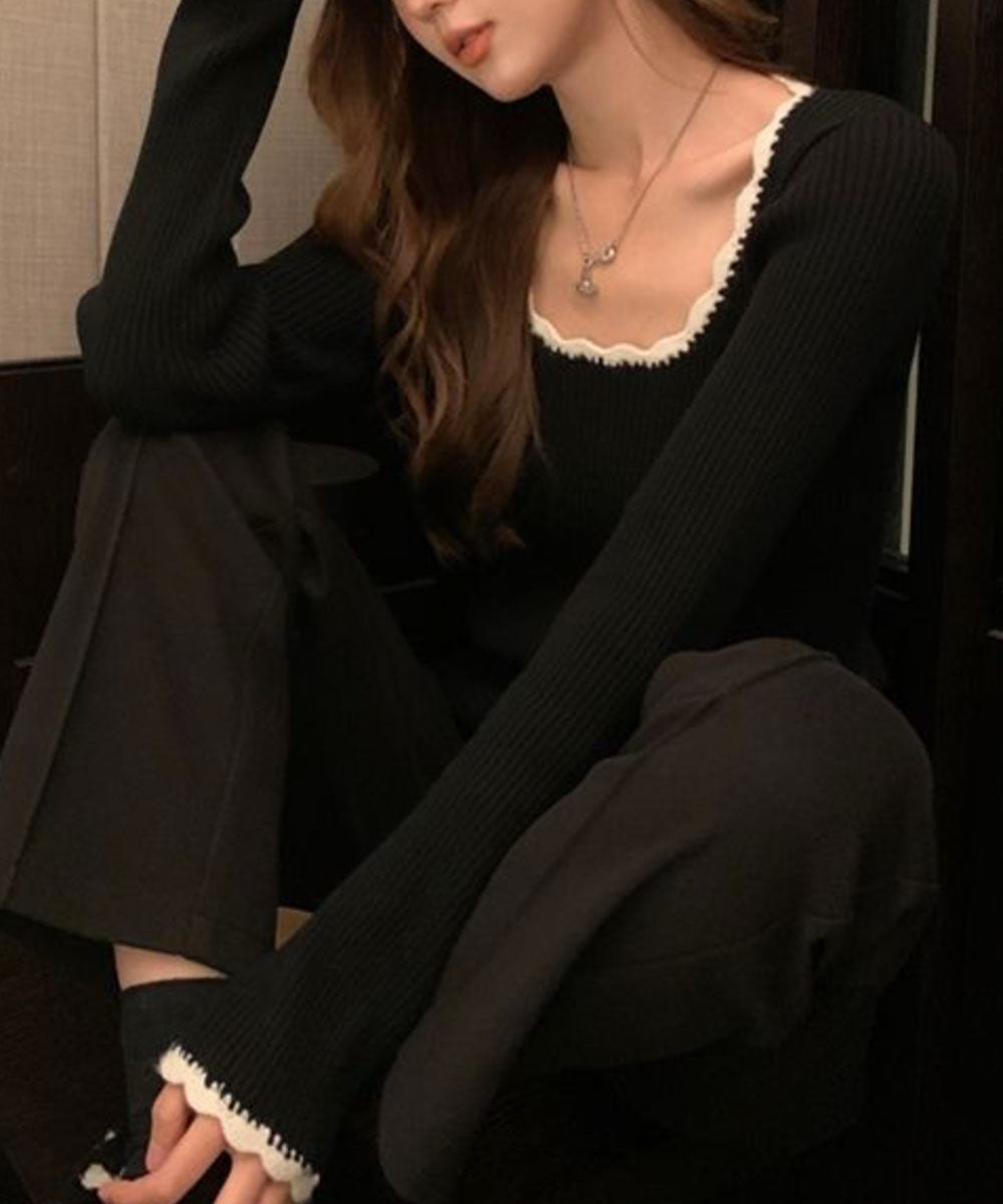 ビビッドレディ VIVIDLADY リブ編みニット フレア袖 なみなみ リブニット ニット (グレー) グレー