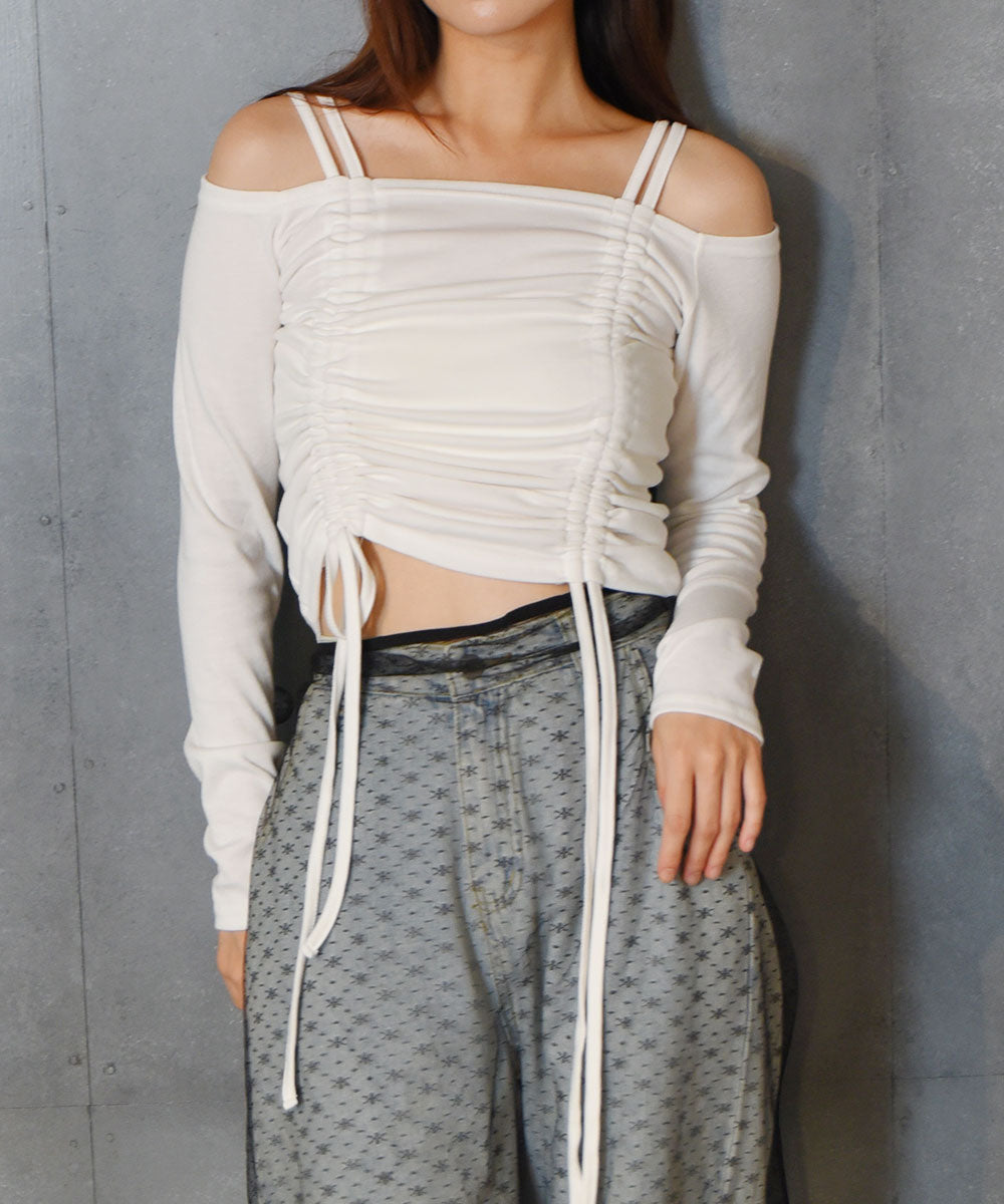 ビビッドレディ VIVIDLADY ルーシングオフショルダー長袖Tシャツ (アイボリー) アイボリー