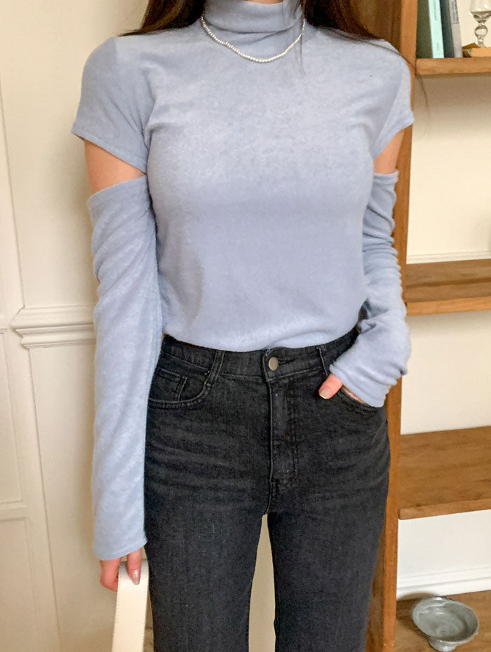 ビビッドレディ VIVIDLADY 袖スリットハイネックショルダーTシャツ長袖トップスレディース Y2K 秋冬 カットソー ハイネック トップス レイヤード 袖スリット 冬 韓国ファッション 可愛い デイリー (スカイブルー) スカイブルー