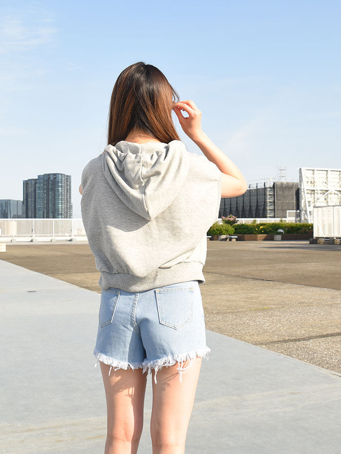 ビビッドレディ VIVIDLADY フード付きノースリーブジャケット アウター レディース 夏 ノースリーブパーカー 韓国ファッション ショート丈 ジャケット フード付き アウター レディース 韓国 (グレー) グレー