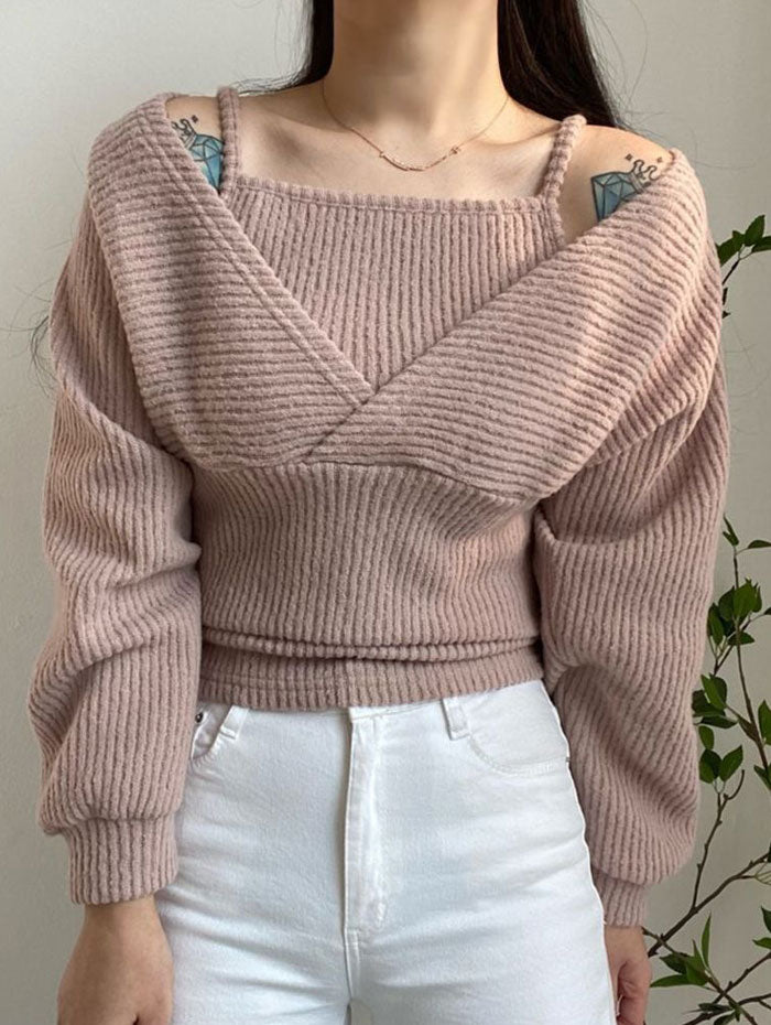ビビッドレディ VIVIDLADY トップス+キャミソール セット レディース 長袖 セットアップ ラップカットソー レディース クロップド丈 トップス セットアップ 無地 カットソー リブトップス 長袖 vネック (ベージュ) ベージュ