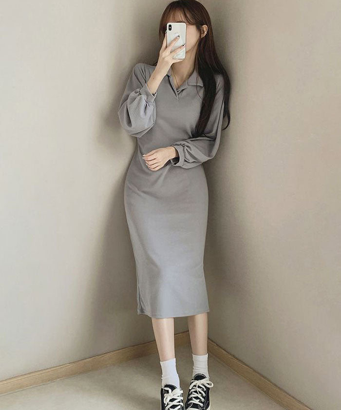 ビビッドレディ VIVIDLADY 襟付きHラインロングワンピース レディース (ブルーグレー) ブルーグレー