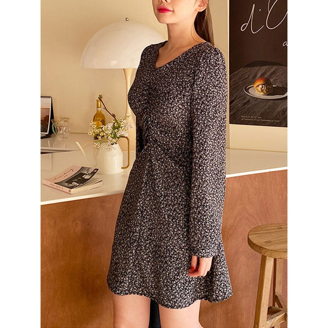 ビビッドレディ VIVIDLADY レディース ショート丈 花柄 長袖 大人可愛い ミニワンピース ギャザー 花柄