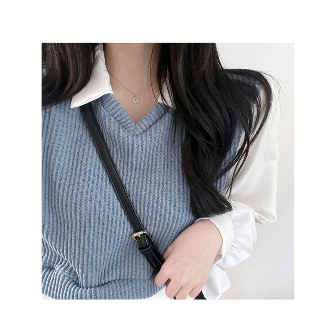 ビビッドレディ VIVIDLADY 春先行 襟付きフリルブラウス 長袖 レディース ショート丈 長袖 シャツコンビネーションニット 長袖 韓国ファッション レディース トップス 春 襟付き ブラウス ベージュ