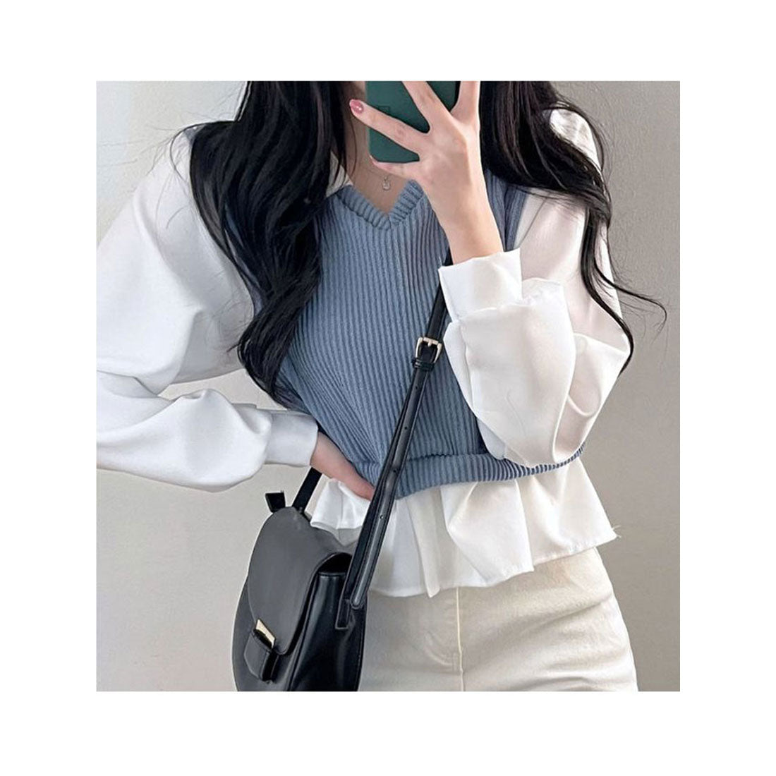 ビビッドレディ VIVIDLADY 春先行 襟付きフリルブラウス 長袖 レディース ショート丈 長袖 シャツコンビネーションニット 長袖 韓国ファッション レディース トップス 春 襟付き ブラウス ベージュ