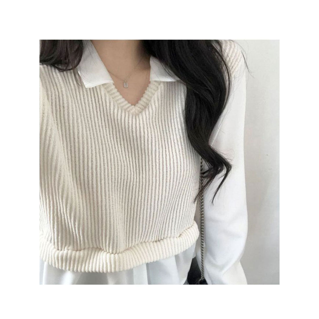 ビビッドレディ VIVIDLADY 春先行 襟付きフリルブラウス 長袖 レディース ショート丈 長袖 シャツコンビネーションニット 長袖 韓国ファッション レディース トップス 春 襟付き ブラウス ベージュ