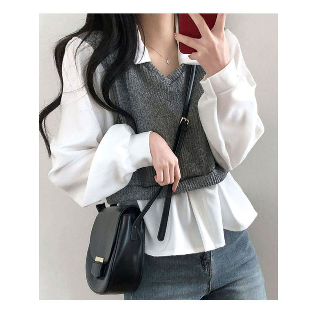 ビビッドレディ VIVIDLADY 春先行 襟付きフリルブラウス 長袖 レディース ショート丈 長袖 シャツコンビネーションニット 長袖 韓国ファッション レディース トップス 春 襟付き ブラウス ベージュ