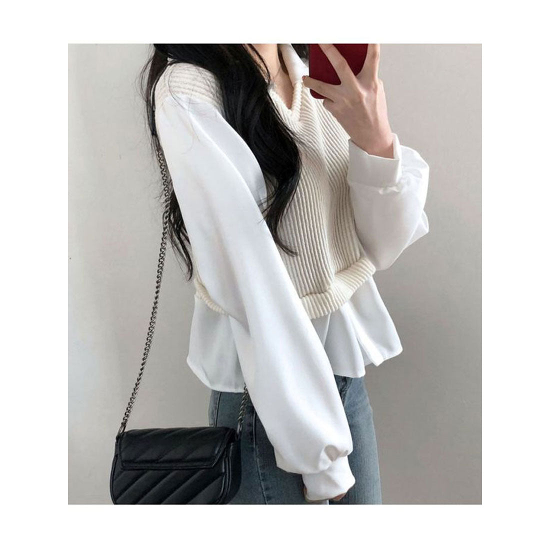 ビビッドレディ VIVIDLADY 春先行 襟付きフリルブラウス 長袖 レディース ショート丈 長袖 シャツコンビネーションニット 長袖 韓国ファッション レディース トップス 春 襟付き ブラウス ベージュ