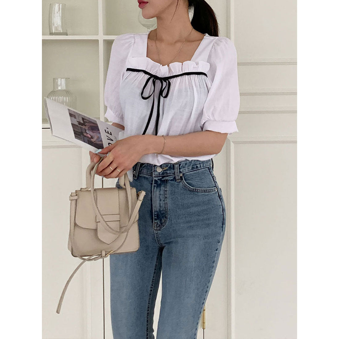 ビビッドレディ VIVIDLADY リボン付きふんわりスリーブブラウス 全4色 レディース (アイボリー) アイボリー