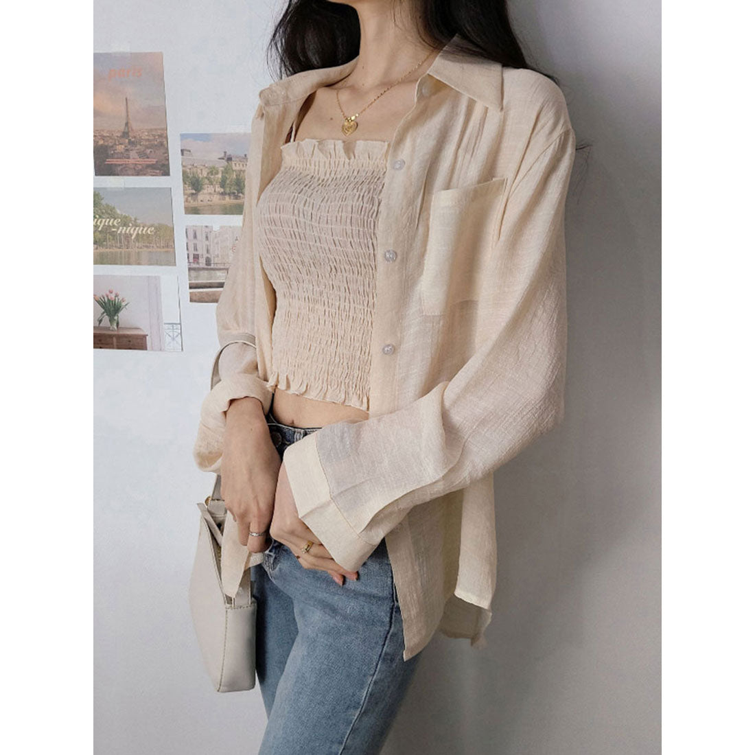 ビビッドレディ VIVIDLADY シアーオーバーサイズシャツ+シャーリングキャミソール セットアイテム (ベージュ) ベージュ