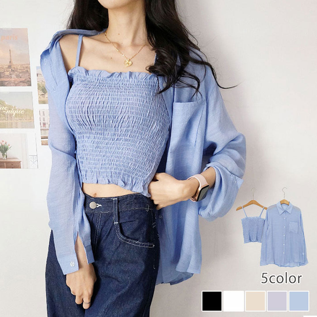 ビビッドレディ VIVIDLADY シアーオーバーサイズシャツ+シャーリングキャミソール セットアイテム (ベージュ) ベージュ