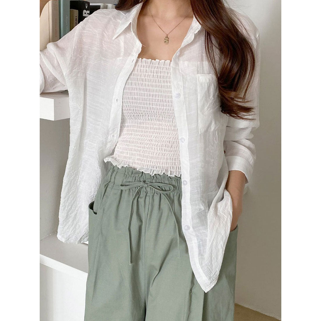 ビビッドレディ VIVIDLADY シアーオーバーサイズシャツ+シャーリングキャミソール セットアイテム (ベージュ) ベージュ