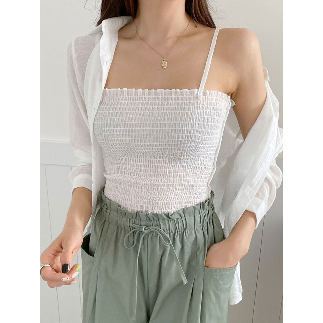 ビビッドレディ VIVIDLADY シアーオーバーサイズシャツ+シャーリングキャミソール セットアイテム (ベージュ) ベージュ