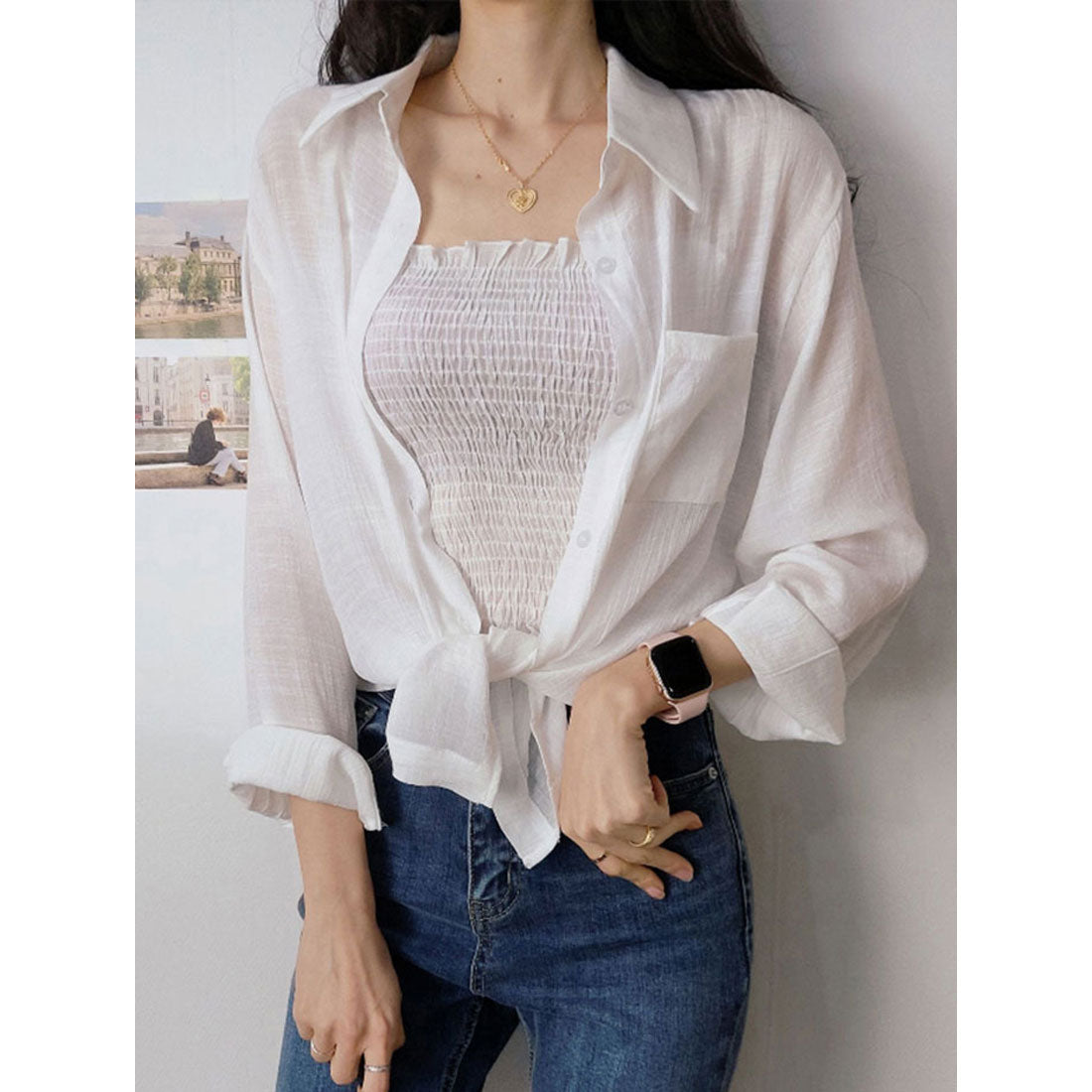 ビビッドレディ VIVIDLADY シアーオーバーサイズシャツ+シャーリングキャミソール セットアイテム (ベージュ) ベージュ