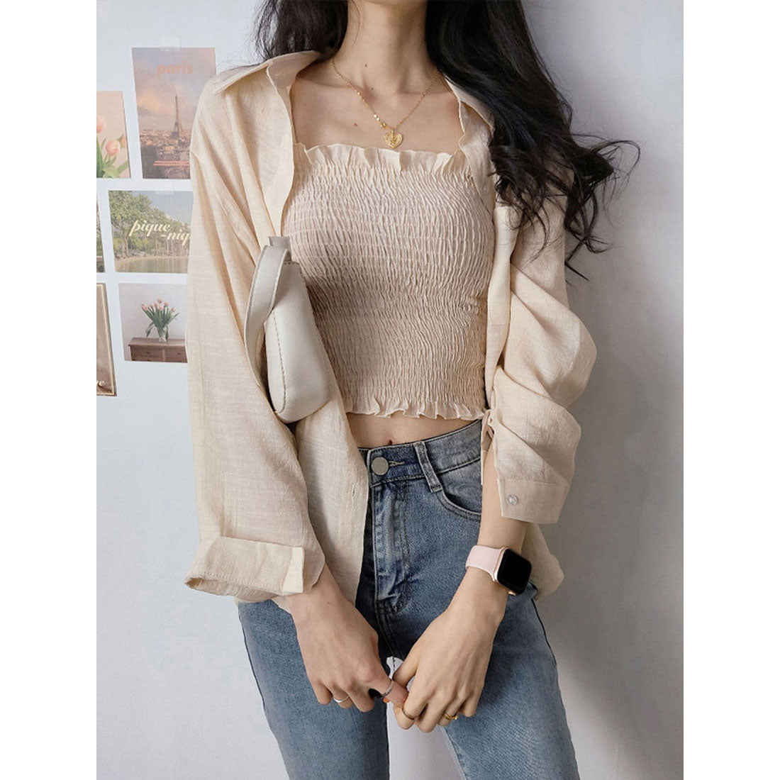 ビビッドレディ VIVIDLADY シアーオーバーサイズシャツ+シャーリングキャミソール セットアイテム (ベージュ) ベージュ