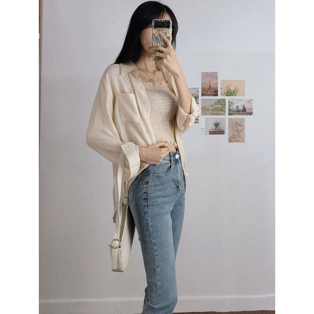 ビビッドレディ VIVIDLADY シアーオーバーサイズシャツ+シャーリングキャミソール セットアイテム (ベージュ) ベージュ