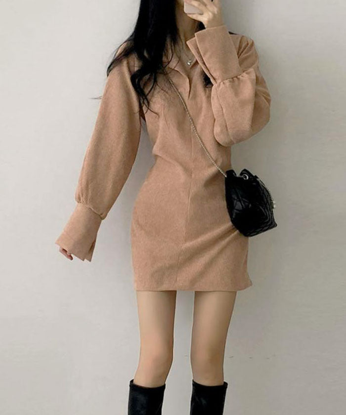 ビビッドレディ VIVIDLADY ワンピース レディース きれいめ 長袖 襟付き コーデュロイワンピ (ベージュ) ベージュ